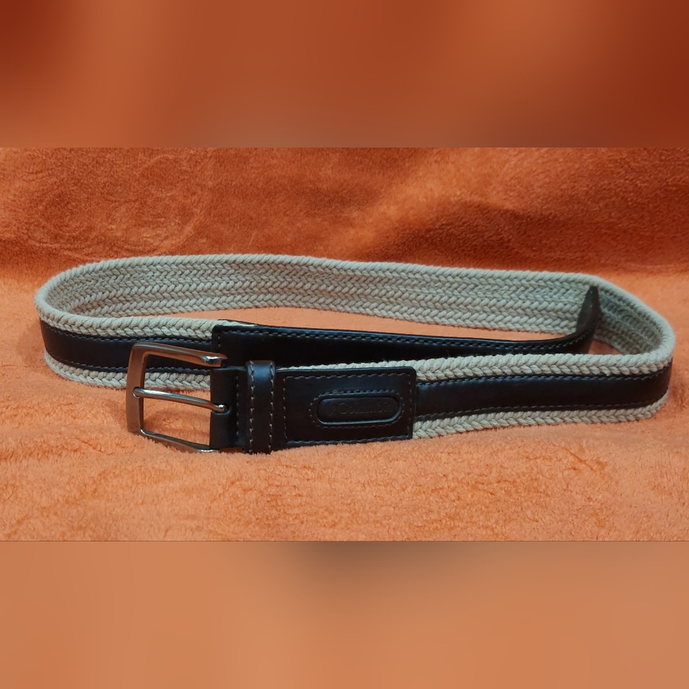 Columbia men's beige woven belt with dark brown leather trim size 34